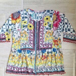Johnny Was Theda Tunic 100% Silk Blouse Pom Pom Floral Print Button Up Medium